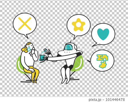 悩みごとをロボットに相談し、なぐさめられている女性　イラスト素材	 101446478