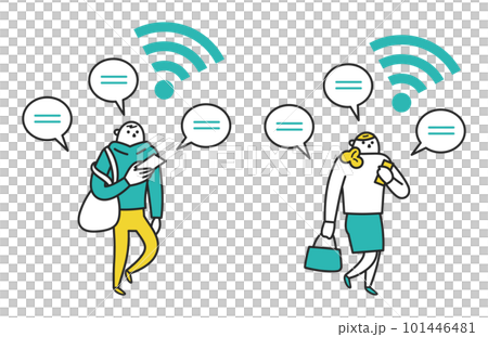 A man and a woman walking while using their smartphones set illustration material 101446481