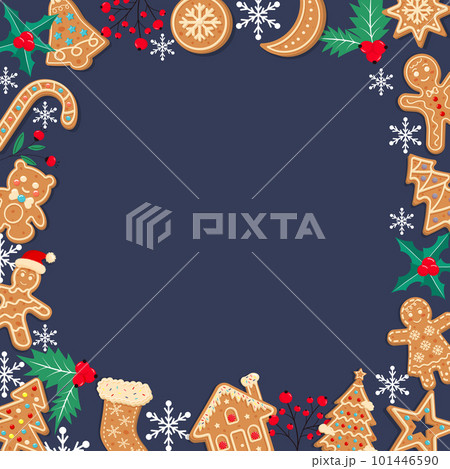 Dark blue Christmas gingerbread background. Xmas design with winter cookies, holly berries, snowflakes. Empty space for your text. Template for cards, banner, poster. Dark blue Christmas gingerbread background. Xmas design with winter cookies, holly berries, snowflakes. Empty space for your text. Template for cards, banner, poster. 101446590