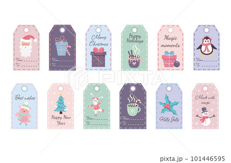 Christmas gift tags bundle with different quotes and winter characters. Labels with Santa Claus, Christmas tree, mugs, rabbit, owl, penguin, snowman, holly, gifts and other. 101446595