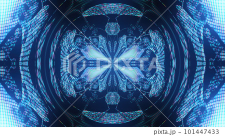 Glitch ornament. Futuristic mandala. Sci-Fi illumination. Fluorescent blue pink color round digital glow design abstract art illustration background. 101447433