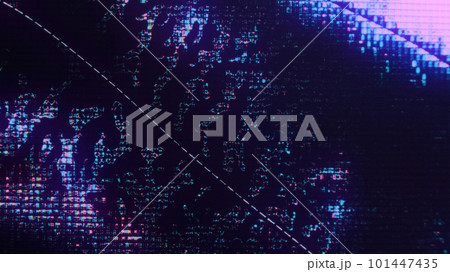 Digital fluid. Neon glitch. LCD display defect. Fluorescent purple blue pink color light liquid crystal splash noise pattern on dark futuristic abstract illustration background. 101447435