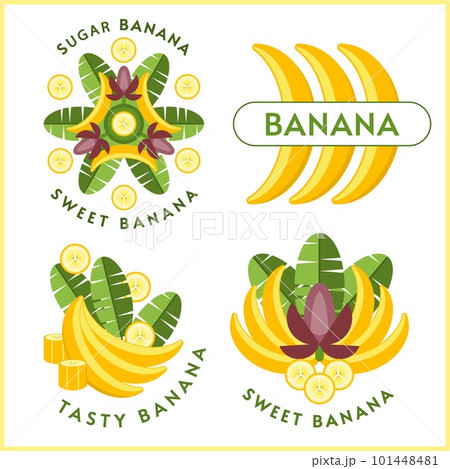 Set of logos with yellow bananas, banana leaves 101448481