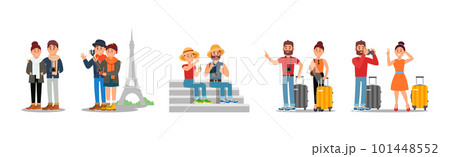 Young Couple Travelling on Vacation Vector Illustration Set Young Couple Travelling on Vacation Vector Illustration Set 101448552