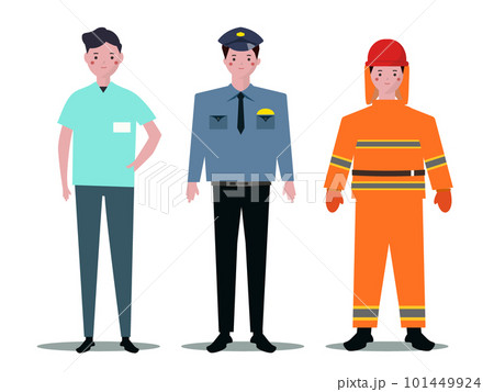 医者と警察官と消防士。働く男性達。出動、災害現場、救助活動。ベクターイラスト	 101449924