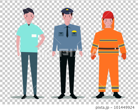医者と警察官と消防士。働く男性達。出動、災害現場、救助活動。ベクターイラスト	 101449924