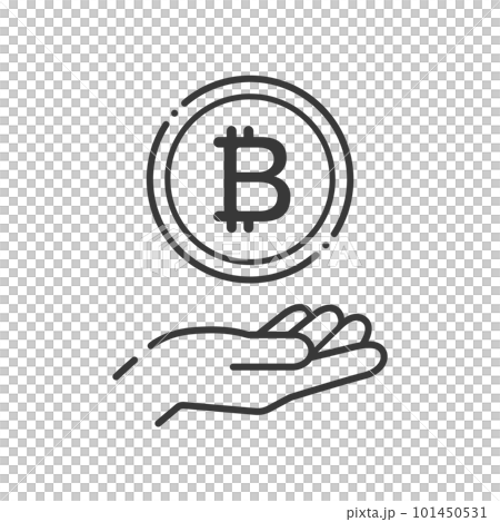 A simple coin with the letter ₿ and a human hand icon- an image of virtual currency such as bitcoin 101450531