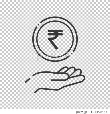 Simple coin with ₹ letter and human hand icon - indian money rupee 101450533