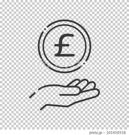 A simple coin with the letter £ and a human hand icon - an image of the British pound A simple coin with the letter £ and a human hand icon - an image of the British pound 101450538
