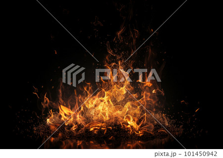 A close-up of a smoking grill with bright flames on black background, creating an intense backdrop for your designs. AI Generative A close-up of a smoking grill with bright flames on black background, creating an intense backdrop for your designs. AI Generative 101450942