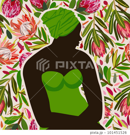 Silhouette of african woman in green turban and dress on exotic floral background with bright pink protea flowers. 101451526