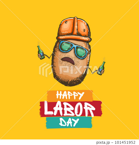 1 may labor day banner with cartoon funky labor potato character with sunglasses and orange helmet holding and drinking beer bottle isolated on orange background. Mayday cartoon poster design template 101451952