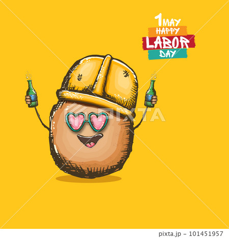 1 may labor day banner with cartoon funky labor potato character with sunglasses and orange helmet holding and drinking beer bottle isolated on orange background. Mayday cartoon poster design template 1 may labor day banner with cartoon funky labor potato character with sunglasses and orange helmet holding and drinking beer bottle isolated on orange background. Mayday cartoon poster design template 101451957