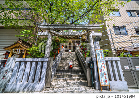 日本の東京都市景観　麻布十番駅（出入口7）の隣にある、新緑に包まれた十番稲荷神社などを望む 101451994