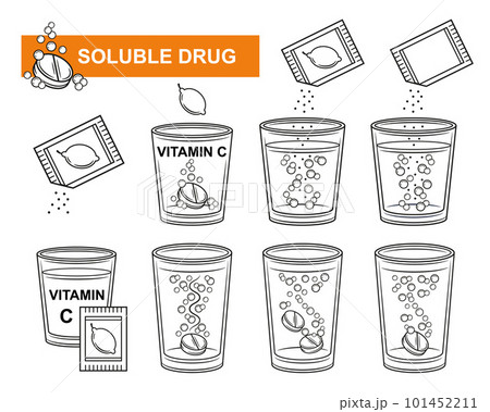 Effervescent soluble drug tablet, fizzy sachet vitamin C powder medicine dissolve in glass of water line icon set. Aspirin pill solution with fizz air bubbles. Dose medicament flu treatment. Vector Effervescent soluble drug tablet, fizzy sachet vitamin C powder medicine dissolve in glass of water line icon set. Aspirin pill solution with fizz air bubbles. Dose medicament flu treatment. Vector 101452211