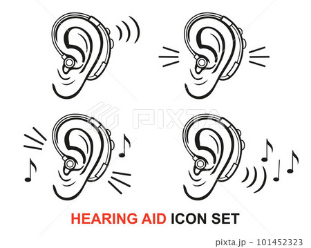 Ear hearing aid for deaf, hear loss problem, medical auditory device of deafness treatment line icon set. Improve human sound perception. Equipment of person listen noise impairment prevention. Vector Ear hearing aid for deaf, hear loss problem, medical auditory device of deafness treatment line icon set. Improve human sound perception. Equipment of person listen noise impairment prevention. Vector 101452323