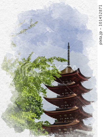 水彩画風 宮島 厳島神社 五重塔 広島県廿日市市のイラスト素材
