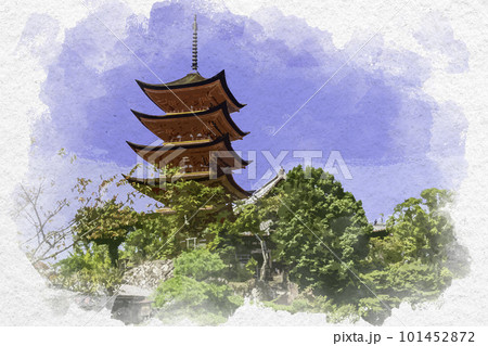 水彩画風　宮島　厳島神社　五重塔　広島県廿日市市 101452872