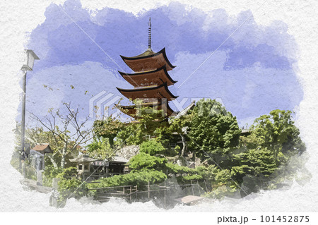 水彩画風　宮島　厳島神社　五重塔　広島県廿日市市 101452875