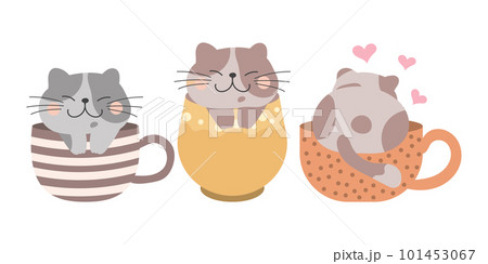 Cute cartoon cats in cups, set. Children's print, vector 101453067