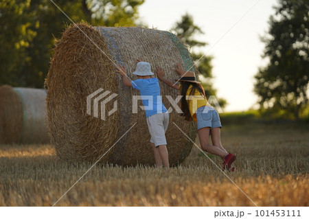 A boy and a girl roll a reel of hay across a field on a summer day. A boy and a girl roll a reel of hay across a field on a summer day. 101453111