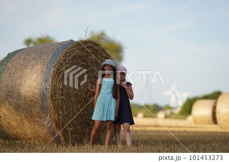 Front view of smiling caucasian little girls hugging and looking at camera with fresh hay bales on farm. Modern countryside lifestyle. Sunny day 101453273