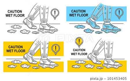 Wet slippery floor caution, danger human slip walking on clean washed room flooring surface icon set. Legs in shoes step on water drop, puddle indoor. Warning sign. Prevent falling injury risk vector Wet slippery floor caution, danger human slip walking on clean washed room flooring surface icon set. Legs in shoes step on water drop, puddle indoor. Warning sign. Prevent falling injury risk vector 101453405