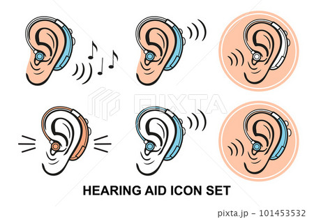 Ear hearing aid for deaf, hear impaired, medical auditory device, improve human sound sensory perception icon set. Deafness problem. Electronic equipment for listen noise, music. Health care vector 101453532