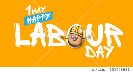 1 may labour day horizontal banner with cartoon funky rock n roll labour potato character with sunglasses and orange helmet isolated on orange background. Mayday cartoon poster design template 101453621