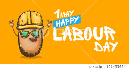 1 may labour day horizontal banner with cartoon funky rock n roll labour potato character with sunglasses and orange helmet isolated on orange background. Mayday cartoon poster design template 1 may labour day horizontal banner with cartoon funky rock n roll labour potato character with sunglasses and orange helmet isolated on orange background. Mayday cartoon poster design template 101453624