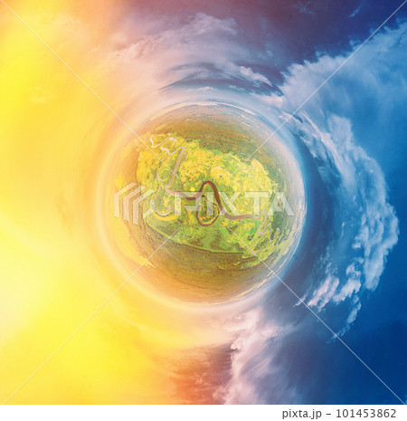 little planet view Green Forest Woods And River Landscape In Sunny Summer sunset sunrise. Beautiful planet Nature From High Attitude. Little Small Planet Concept. yellow and blue sides 101453862