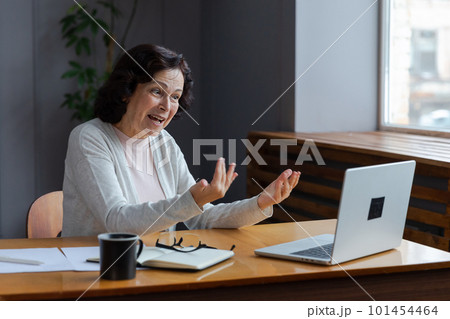 Happy middle aged senior woman sit with laptop talk on video call with friends family. Laughing mature old senior grandmother having fun talking speaking with grown up children online 101454464