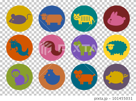 十二生肖彩色圓形圖標插圖集 十二生肖彩色圓形圖標插圖集 101455031