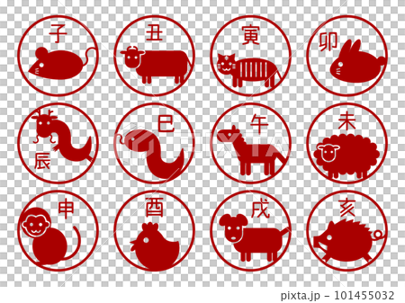 十二生肖圓形圖標插圖集(紅色) 十二生肖圓形圖標插圖集(紅色) 101455032