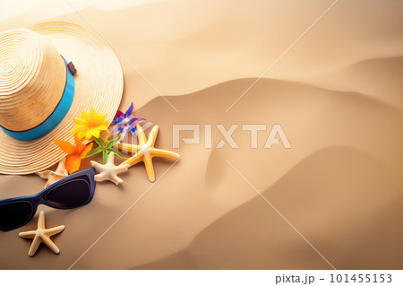 Ultimate Beach Vibes: Straw Hat on Sandy Beach. Generative AI Ultimate Beach Vibes: Straw Hat on Sandy Beach. Generative AI 101455153
