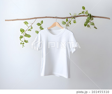 Clean and Minimal White T-Shirt Mockup on a Wooden Rail. Generative AI 101455310