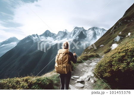 Adventurous Climber Trekking to Conquer the Mountain Peak. Generative AI 101455376