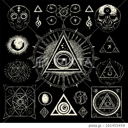 Occult symbols composition in dotwork style. Abstract mystic elements, Skull, candles and sacred triangle with eye in retro flat lay composition. 101455459