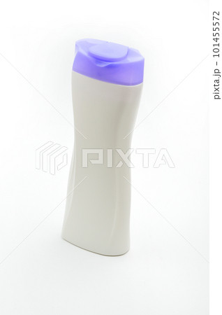 White plastic bottle for shampoo with a purple cap on a white background White plastic bottle for shampoo with a purple cap on a white background 101455572
