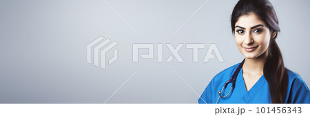 Attractive nurse or doctor in blue uniform. Generative AI illustration 101456343