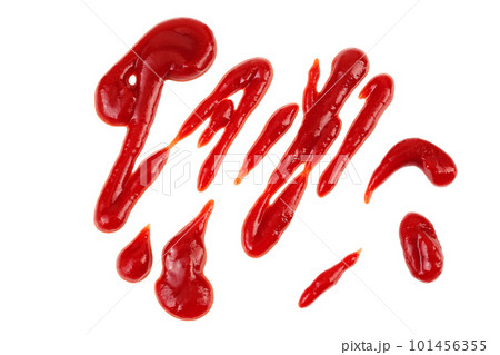 Red tomato sauce or ketchup isolated on white background . Top view. Flat lay Red tomato sauce or ketchup isolated on white background . Top view. Flat lay 101456355