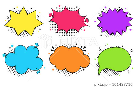 Collection colorful of empty comic speech bubbles with halftone shadows. Hand drawn retro cartoon stickers. Pop art style. Vector illustration 101457716