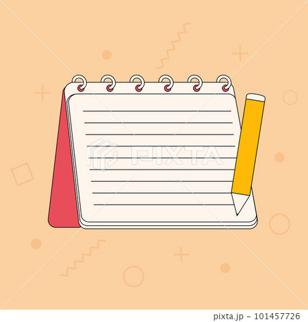 A note pad with colorful elements, a pencil, memo pad illustration set. Calendar or schedule online, time management. Diary, memo label, sticker, memo pencil, spring note. Vector illustration 101457726