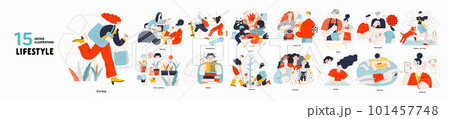 Lifestyle series set - modern flat vector illustrations of people living their lives and engaging in a hobby. People society activities methapors and hobbies concept 101457748