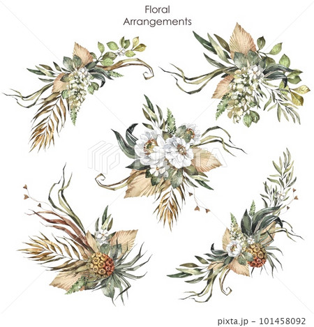 Set of watercolor floral arrangements. Wedding bouquets Save the date. White flowers, dried and green leaves. Summer Botanical png illustration for birthday card, invitation and logo composition. 101458092