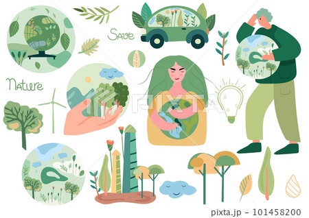 Climate awareness, Earth protection, image with eco friendly components, man holding globe, eco car, leaves. The topic of global warming. Vector illustration. 101458200