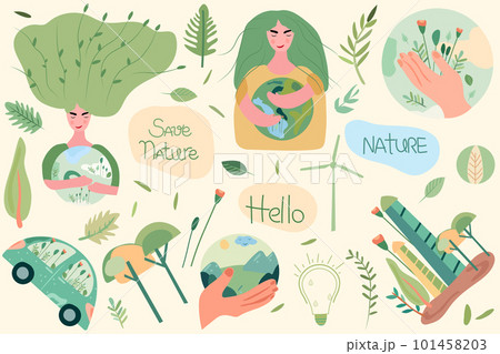 Conservation of the planet. Illustration depicting eco-friendly elements of the environment, with a man holding the Earth in his hands, green car, leaves. Global Warming and Climate Change Concept 101458203