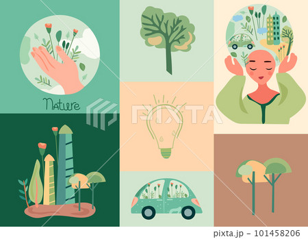 Climate awareness, Earth protection, image with eco friendly components, man holding globe, eco car, leaves. The topic of global warming. Vector illustration. 101458206