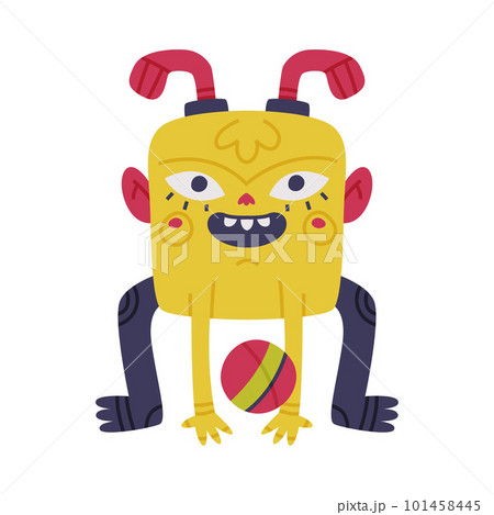Funny Yellow Monster with Protruding Ears Playing Ball Vector Illustration Funny Yellow Monster with Protruding Ears Playing Ball Vector Illustration 101458445