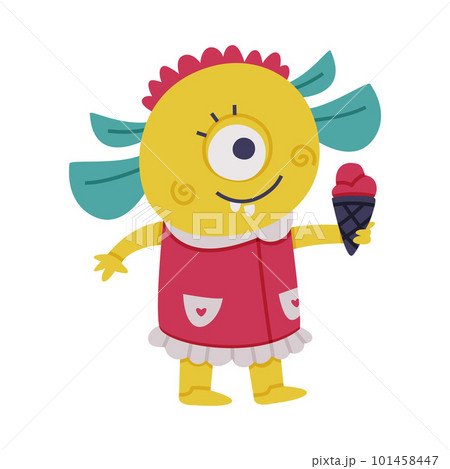 Funny Yellow Monster with One Eye Holding Ice Cream Vector Illustration Funny Yellow Monster with One Eye Holding Ice Cream Vector Illustration 101458447